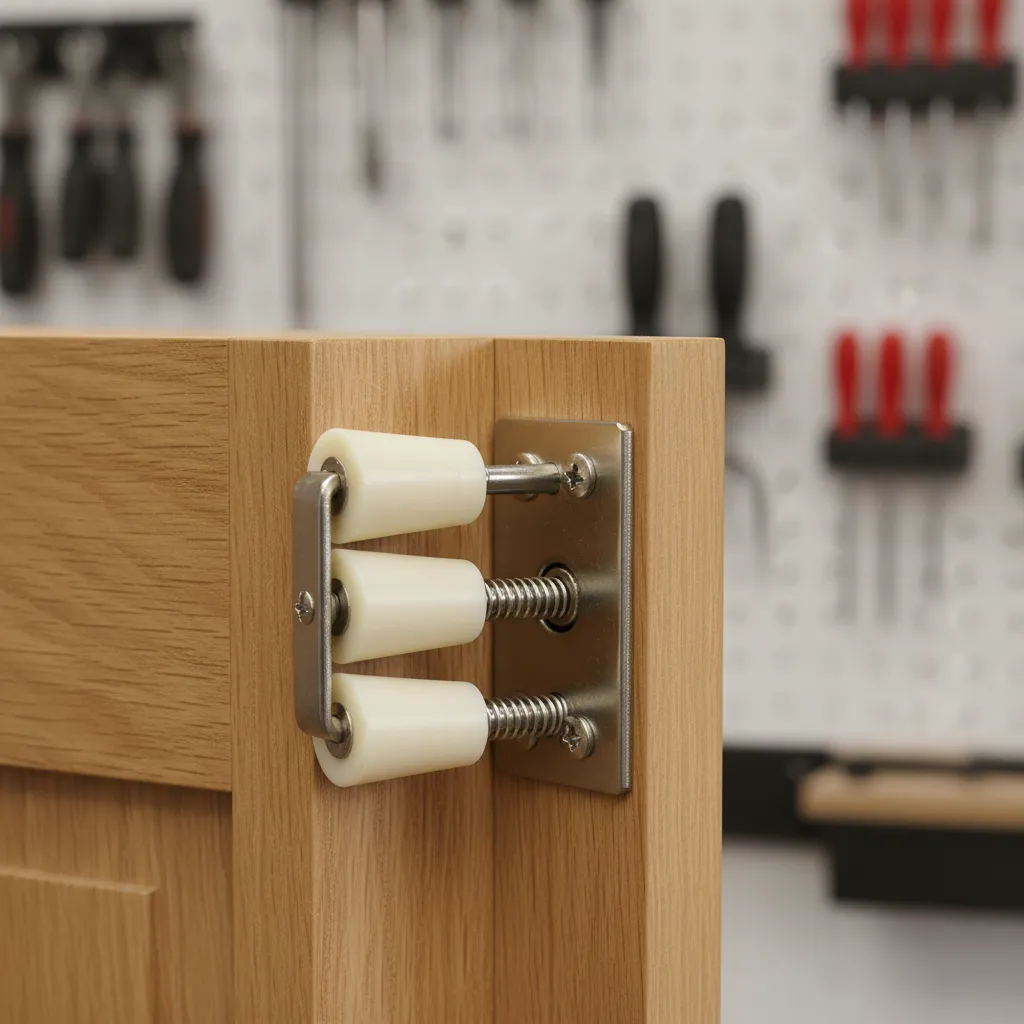 Spring roller catch mechanism installed in a wooden cabinet frame