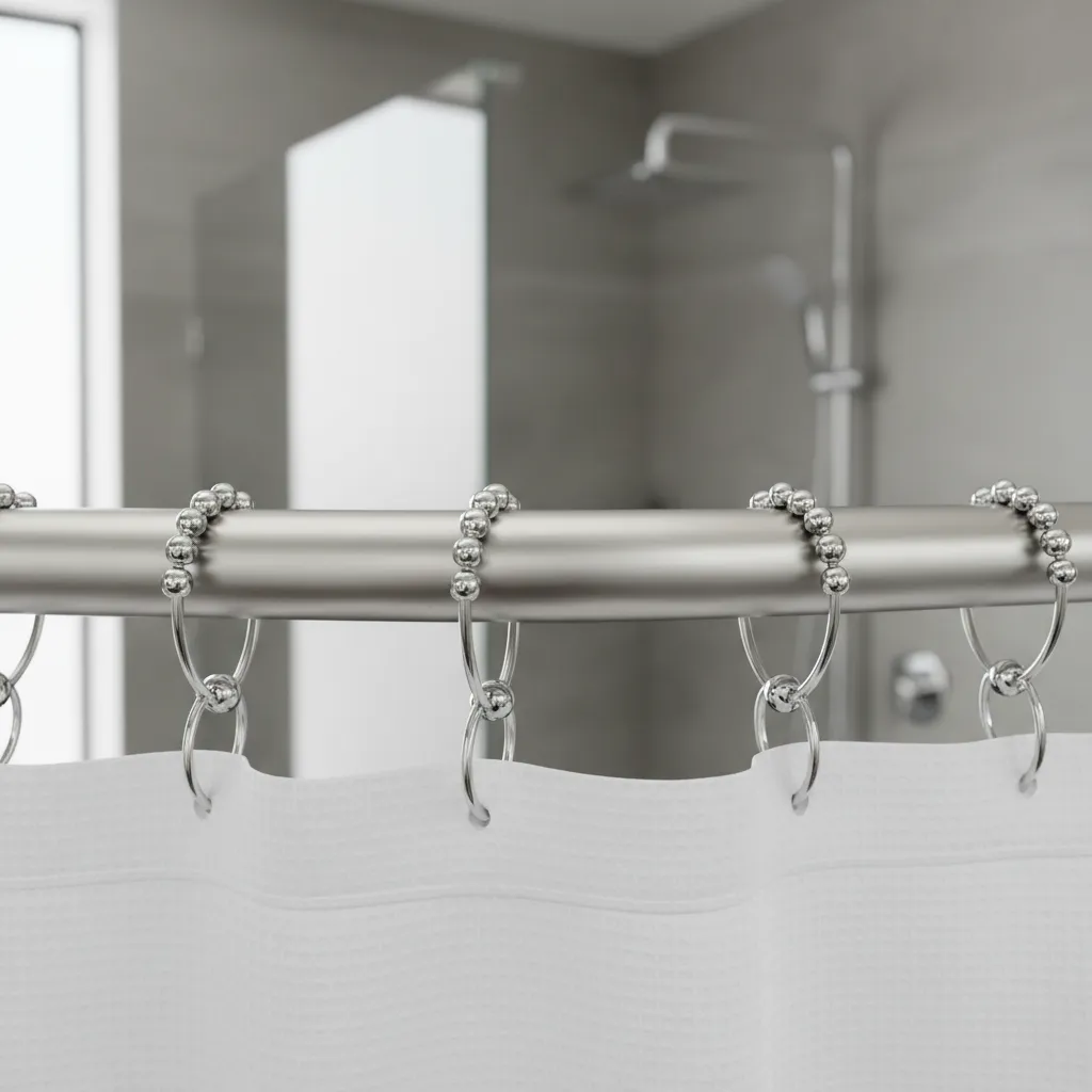close view of roller ball shower curtain rings on curved rod