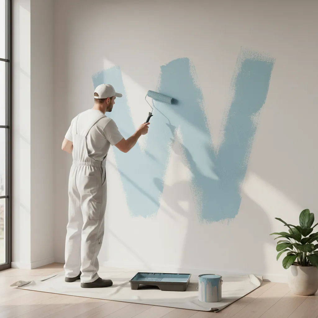 Painter applying W pattern roller technique on interior wall