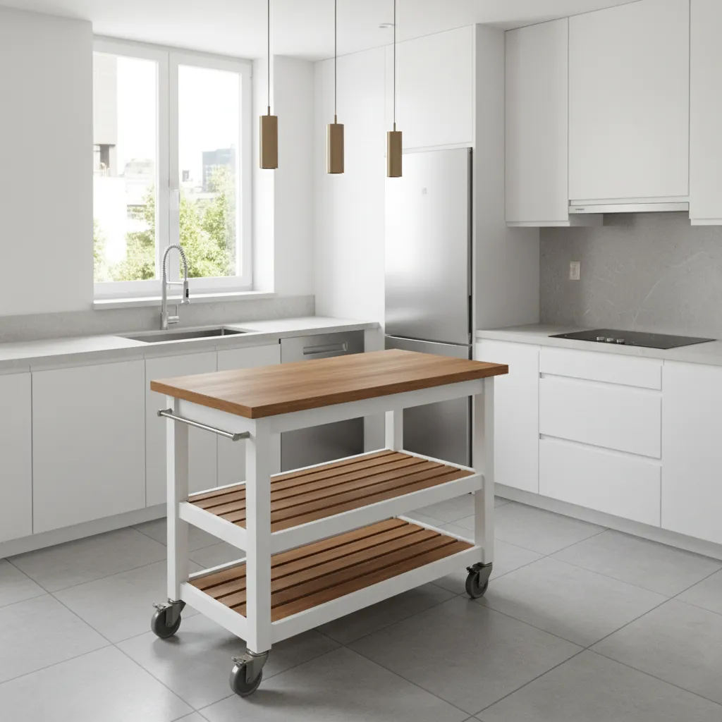 rolling kitchen island cart placed in a small apartment kitchen