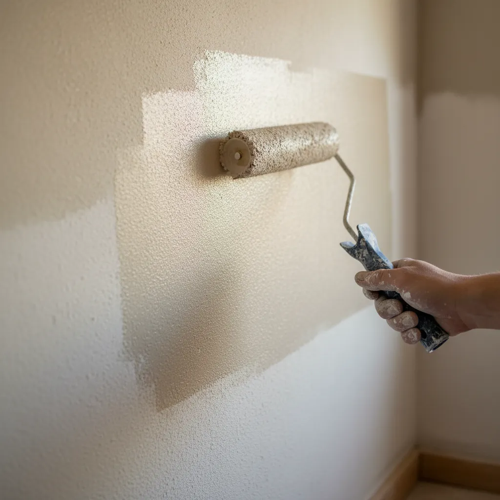 Close-up of paint roller applying limewash to wall surface