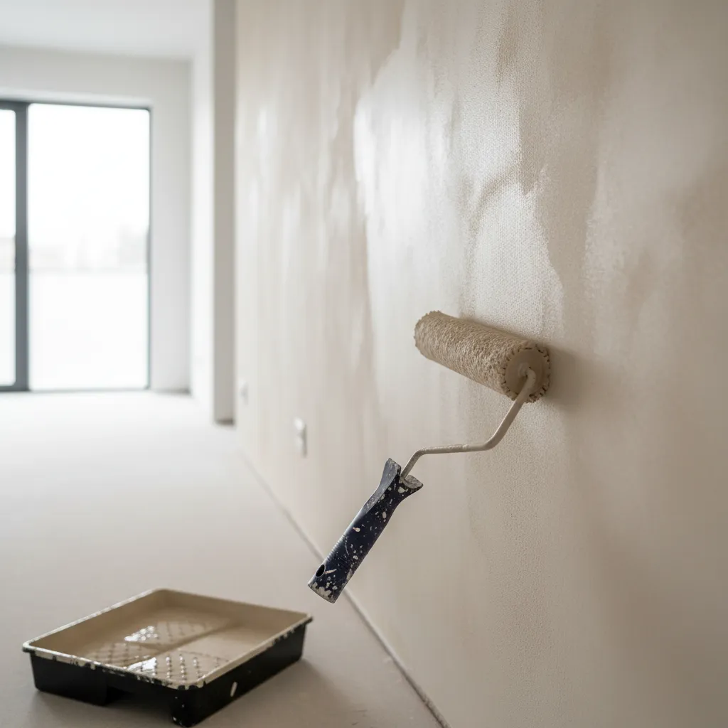Painter applying limewash to a plaster wall using a medium nap roller
