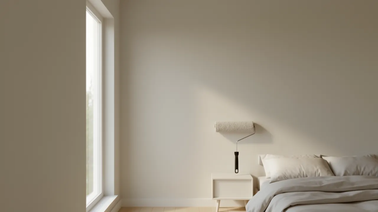 Person rolling fresh paint onto bedroom wall