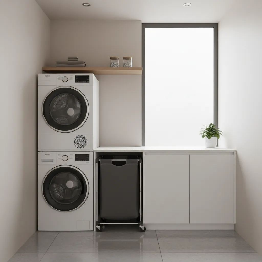 Slim rolling laundry hamper placed between washer and cabinet