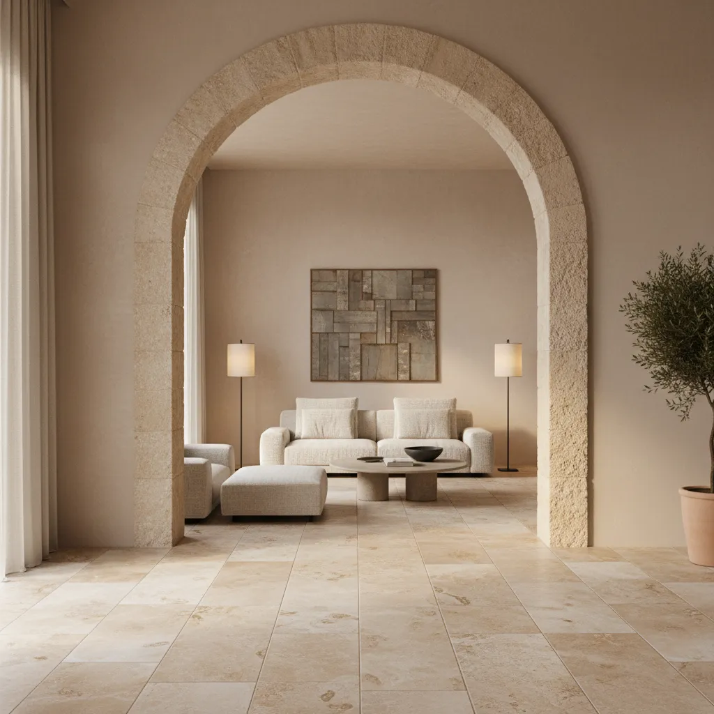 Salón con arco romano y suelo de piedra natural