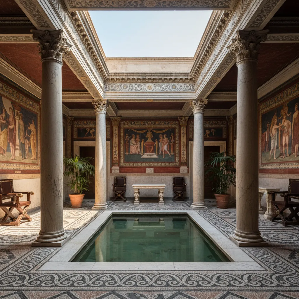 Atrio de una casa romana con impluvium central y columnas