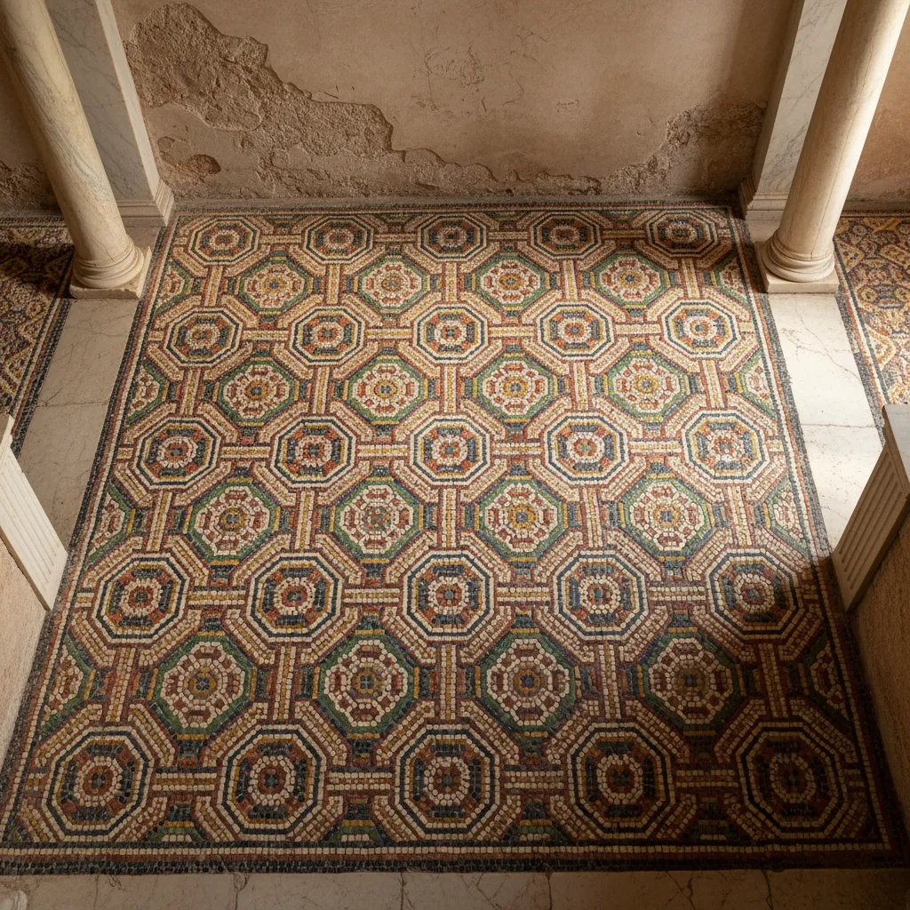 Suelo de mosaico romano con patrón geométrico detallado