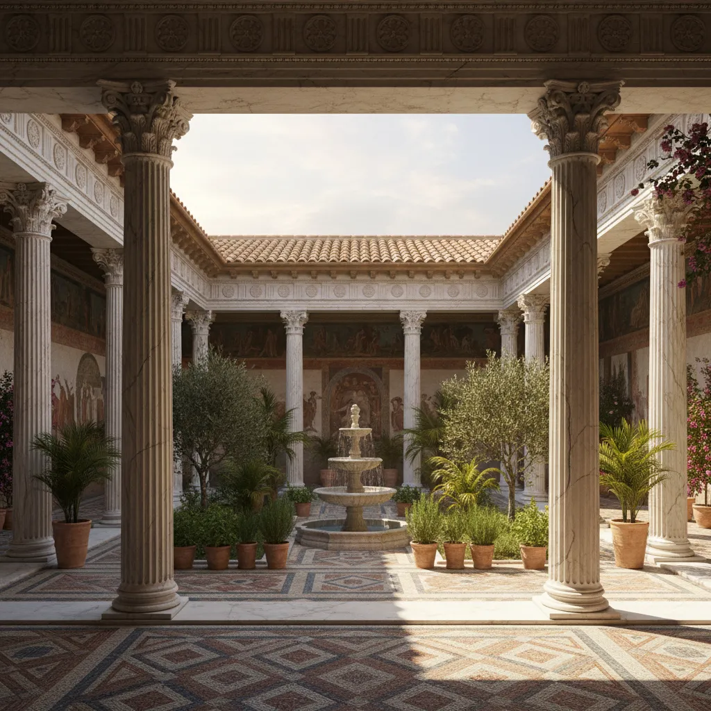 Jardín peristilo dentro de una casa romana rodeado de columnas