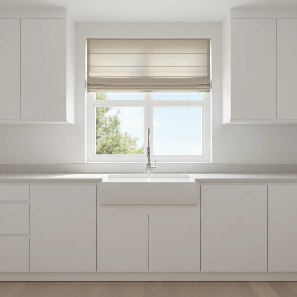 Roman shade above kitchen sink window in modern kitchen