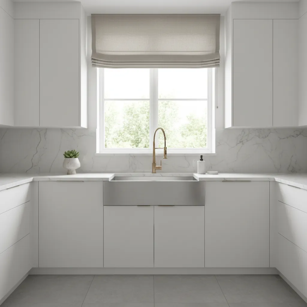 modern kitchen sink window with neutral linen roman shade partially raised