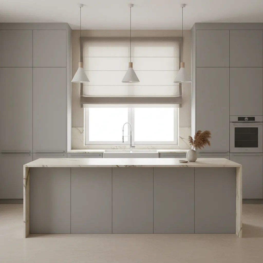 modern kitchen window with flat roman shade above sink