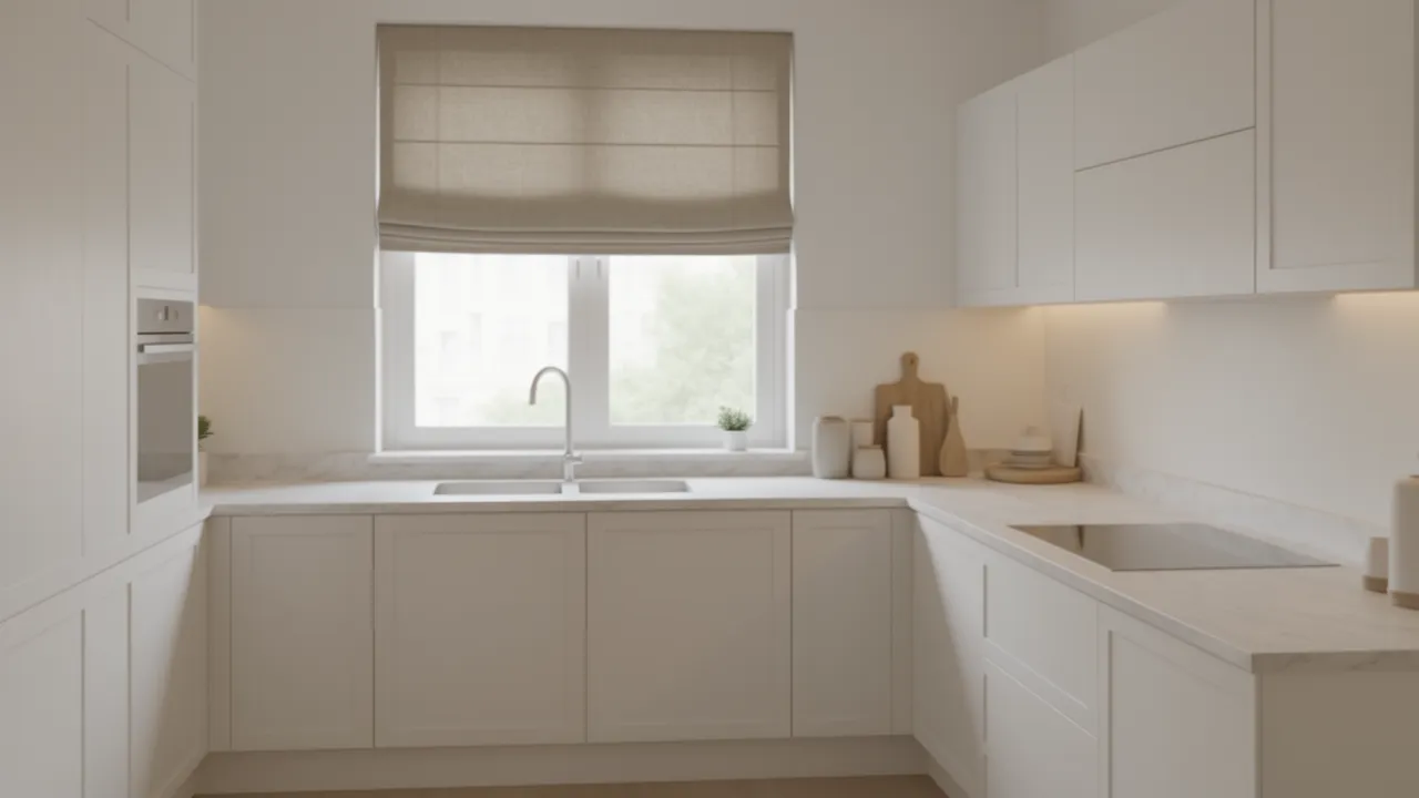 Small kitchen window with minimal Roman shade design