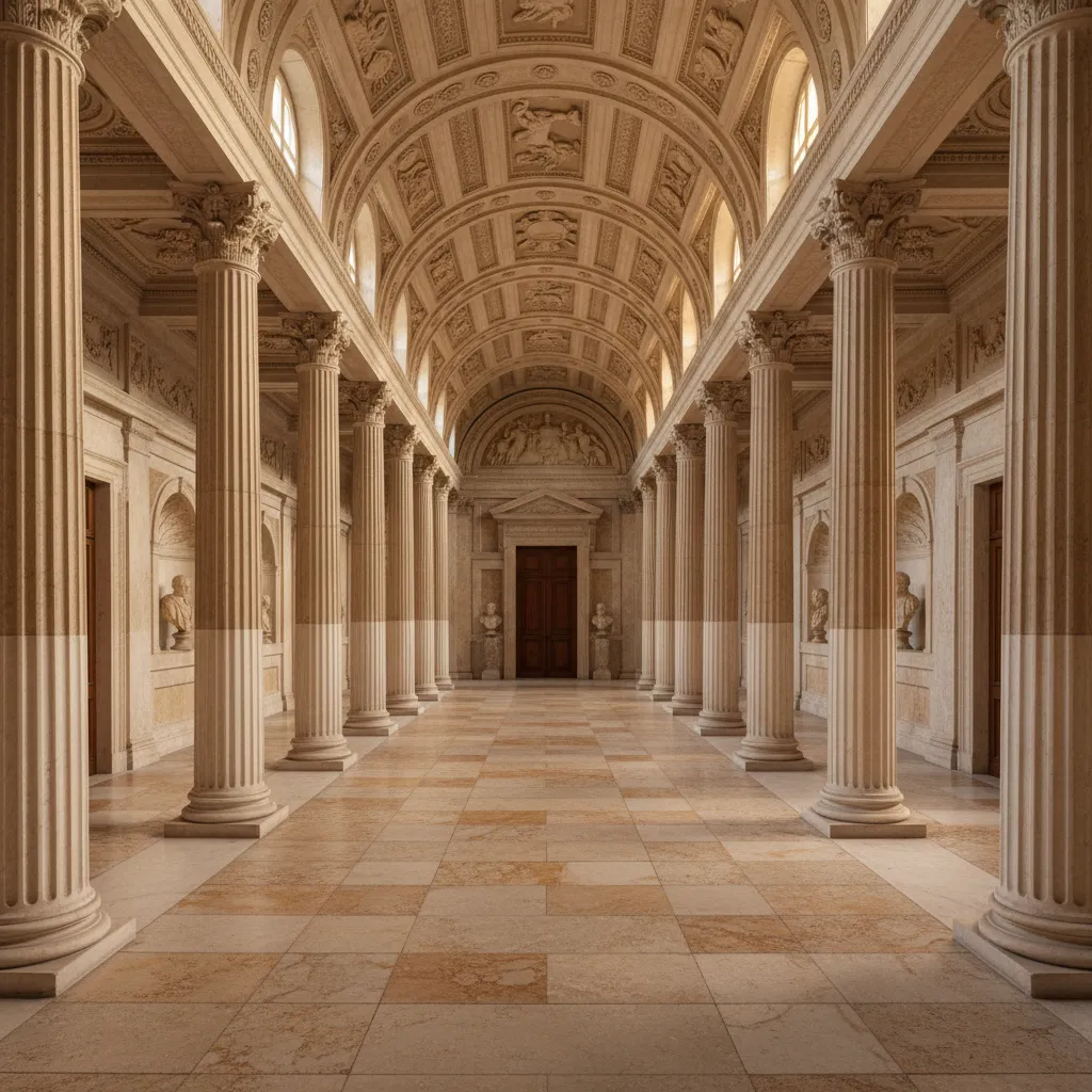 Interior simétrico inspirado en arquitectura romana