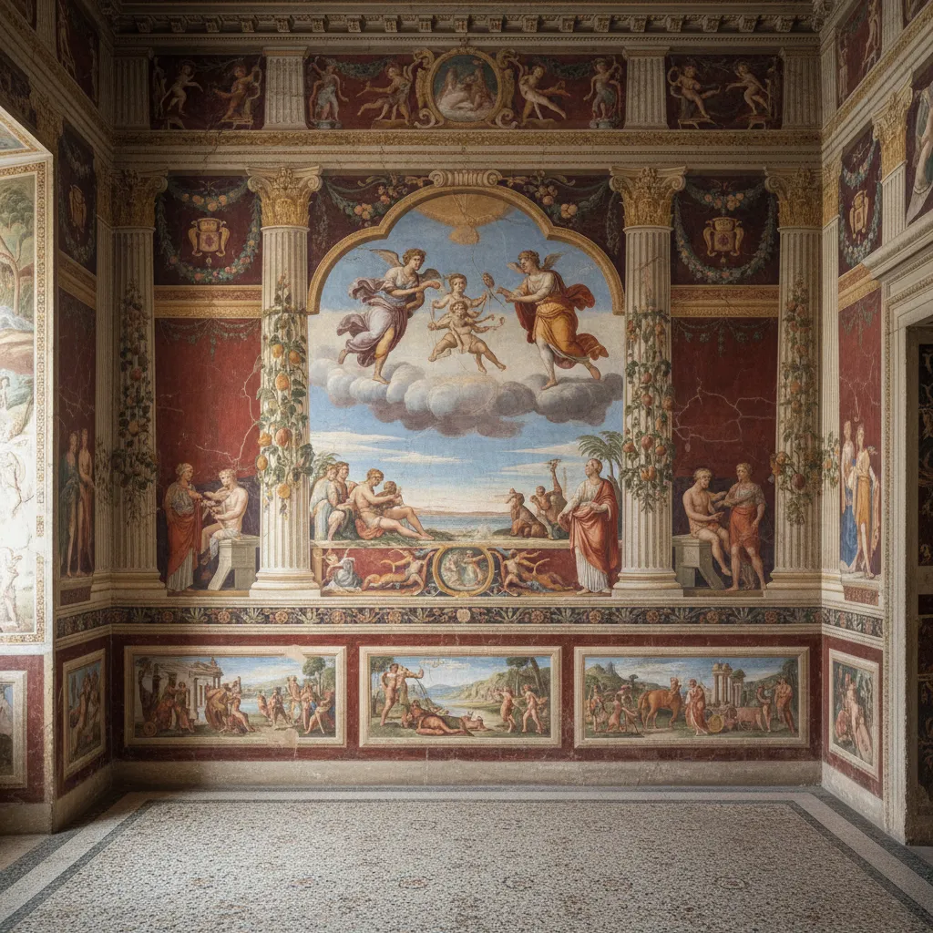 Frescos romanos coloridos decorando paredes interiores