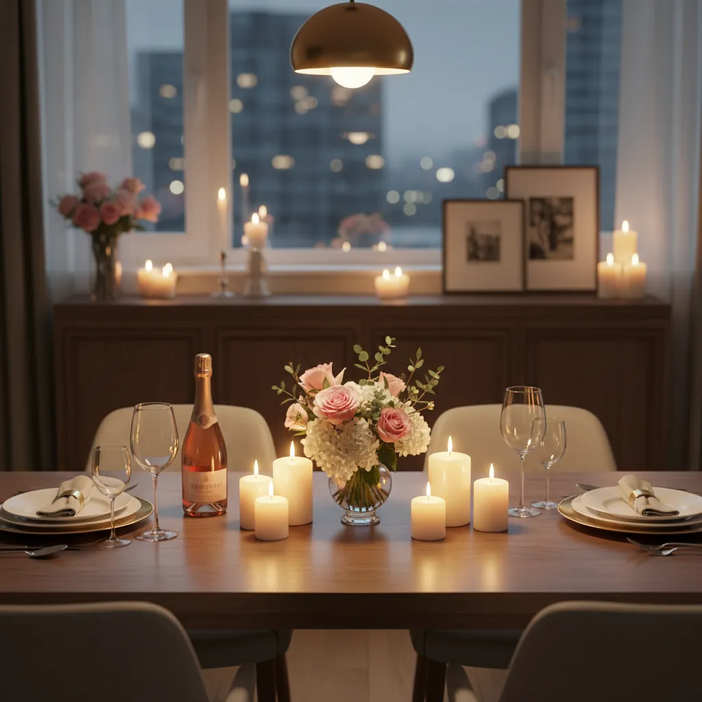 romantic anniversary dinner table with candles and flowers