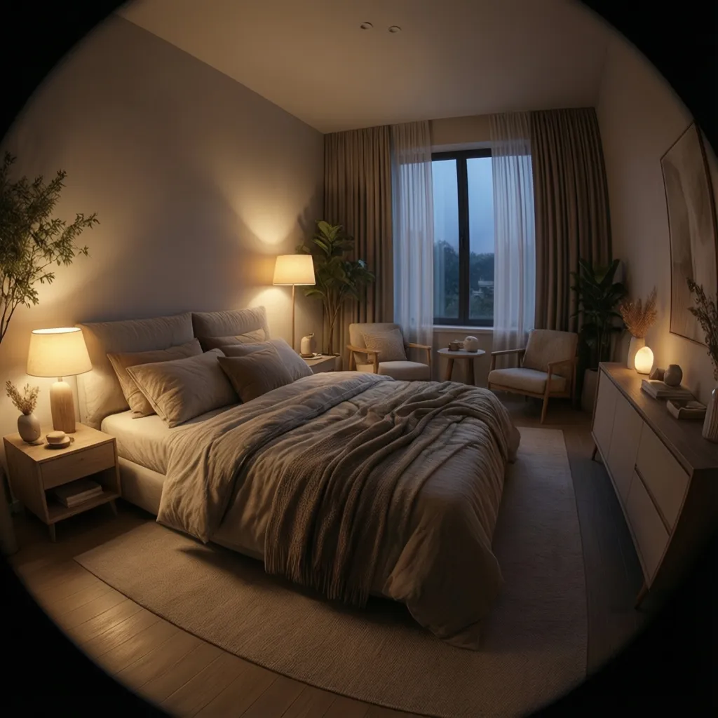 Warm evening bedroom interior designed for relaxation and intimacy