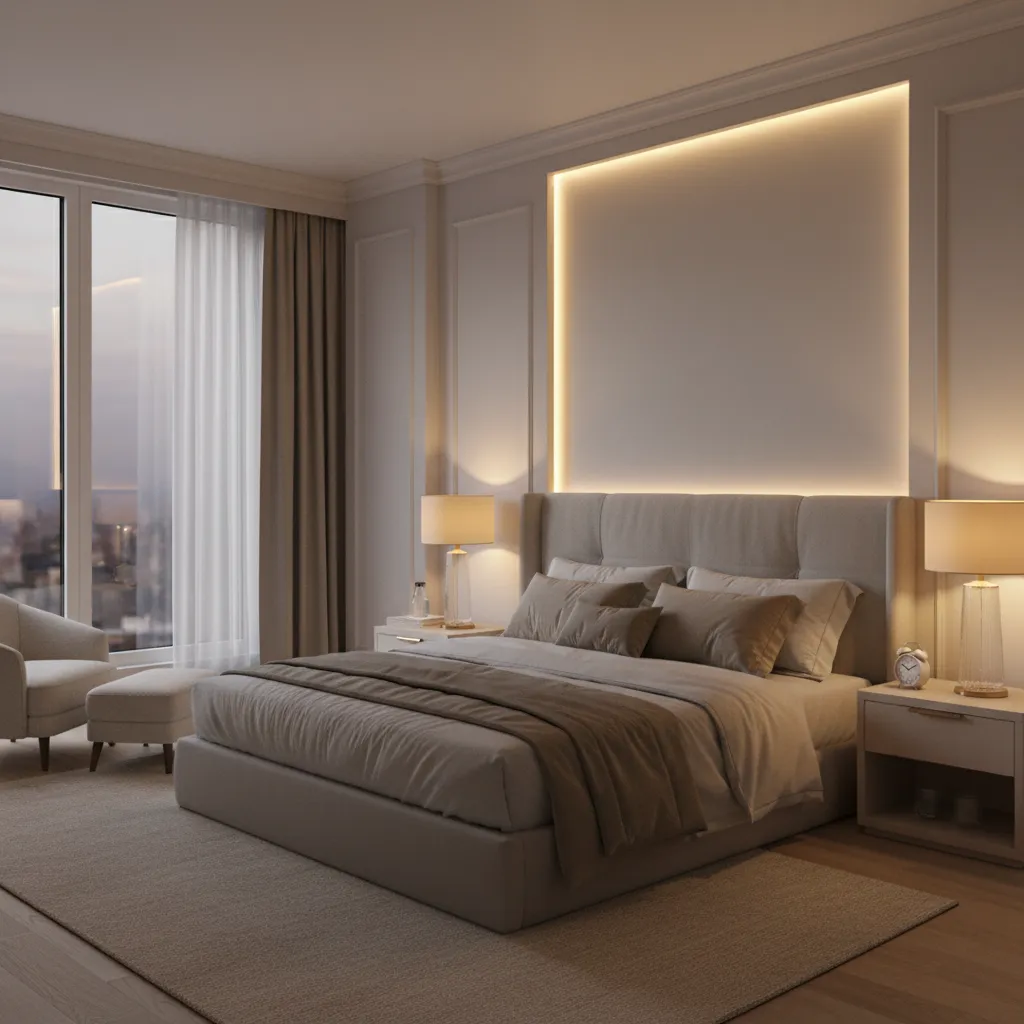 Romantic bedroom with warm layered lighting from lamps and indirect lights