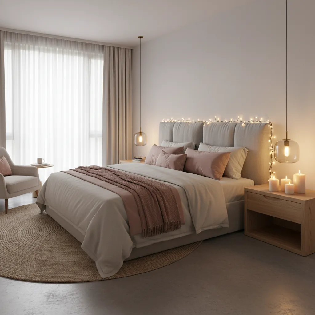 Bedroom with warm fairy lights candles and soft romantic lighting