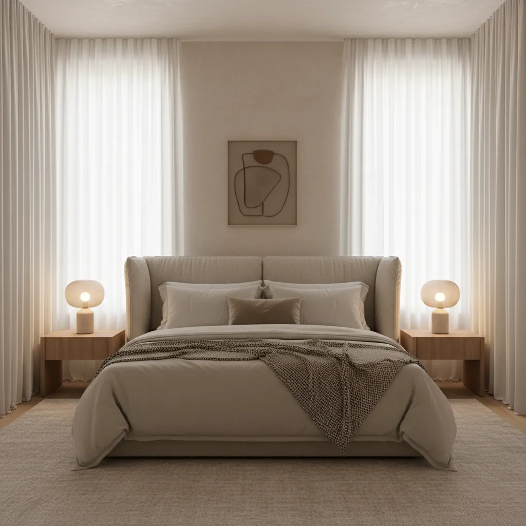 Boutique hotel inspired bedroom layout with soft lighting and minimal decor
