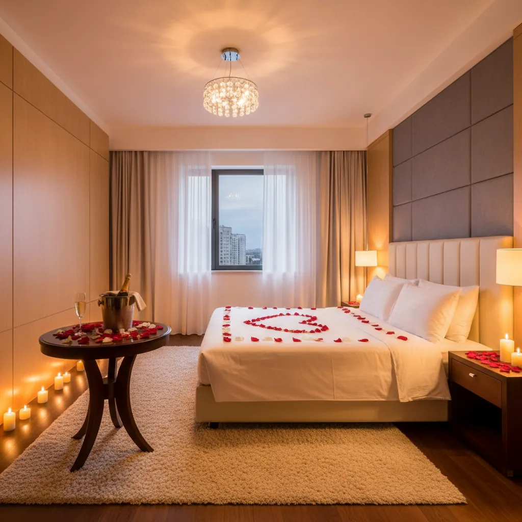 Phòng khách sạn với nến và ánh sáng vàng lãng mạn