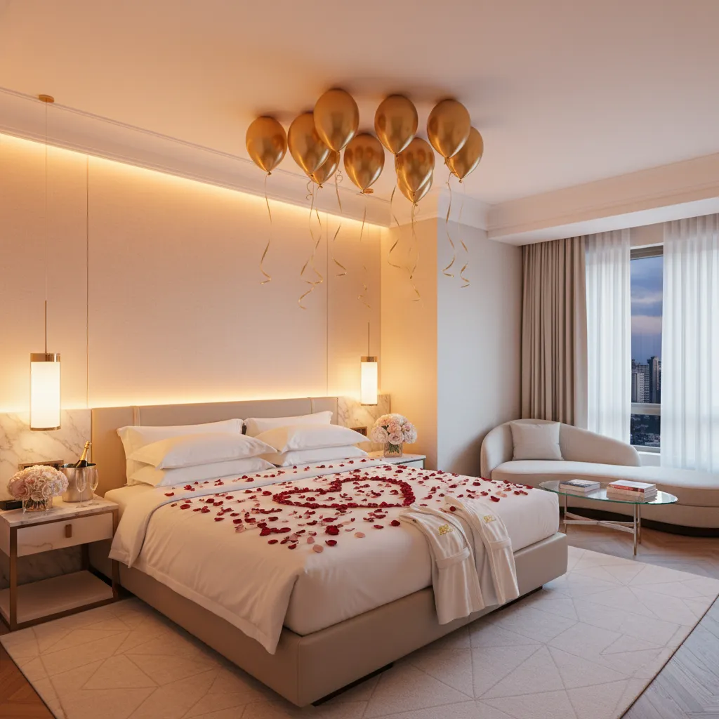 Luxury hotel room entrance view showing decorated bed focal point with rose petals and balloons