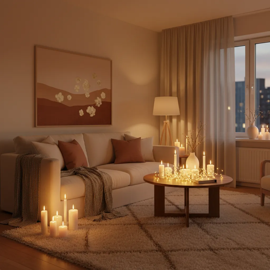 romantic anniversary room with candles and string lights