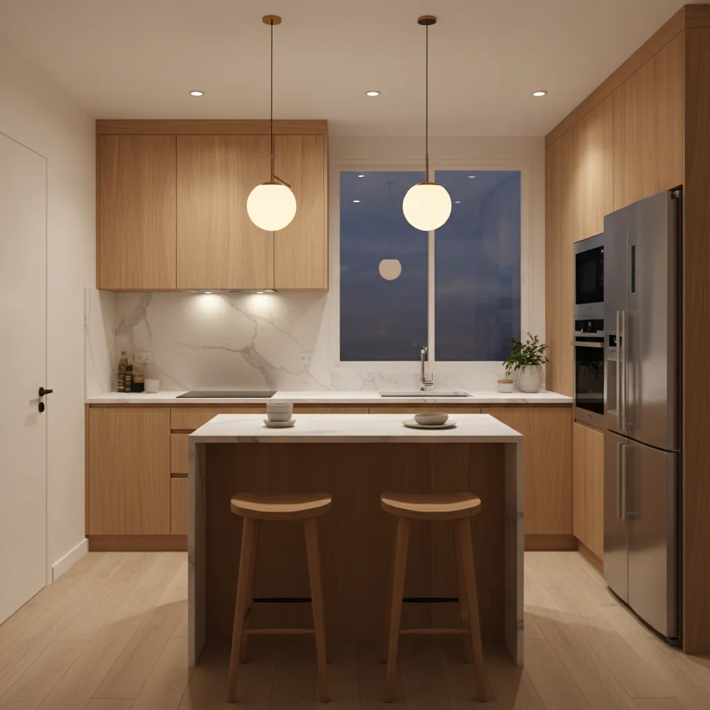 Warm modern kitchen with small island designed for couples cooking together