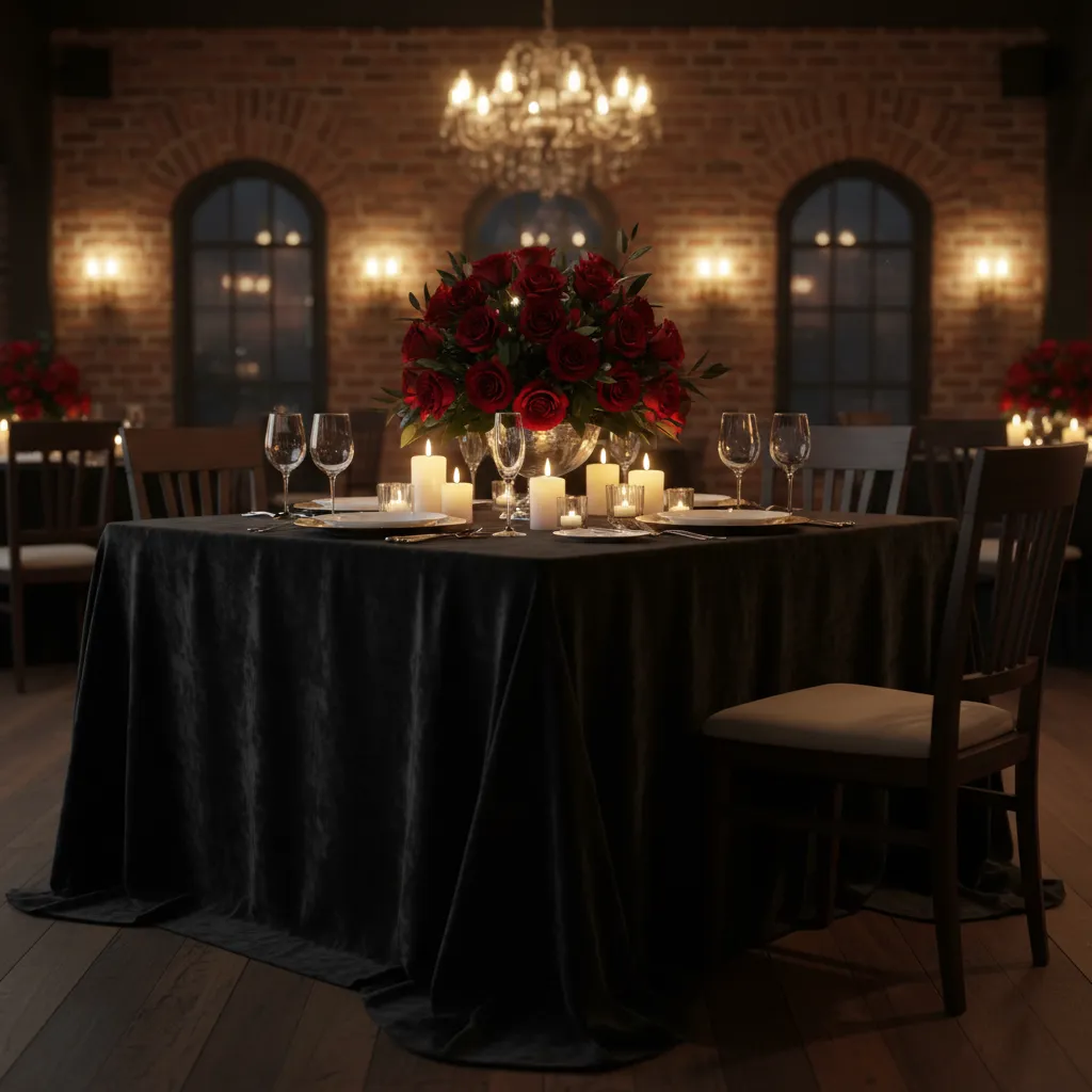 Romantic anniversary dinner setup with candles red roses and black tablecloth