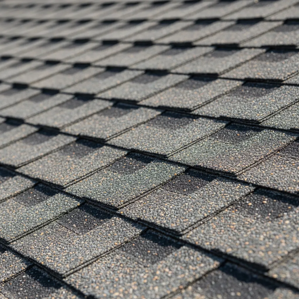 Close view of aging roof shingles curling and losing granules