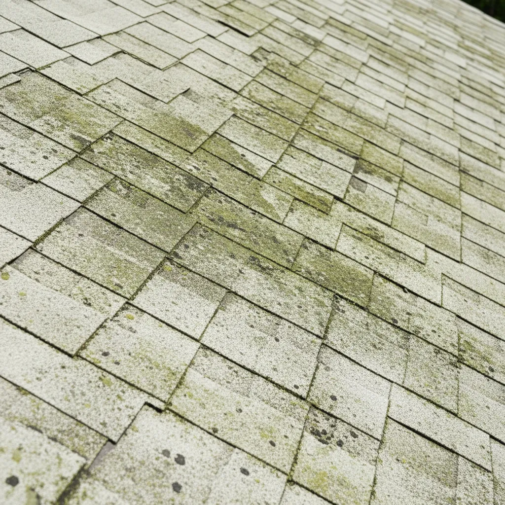 Roof coating with algae streaks causing green discoloration