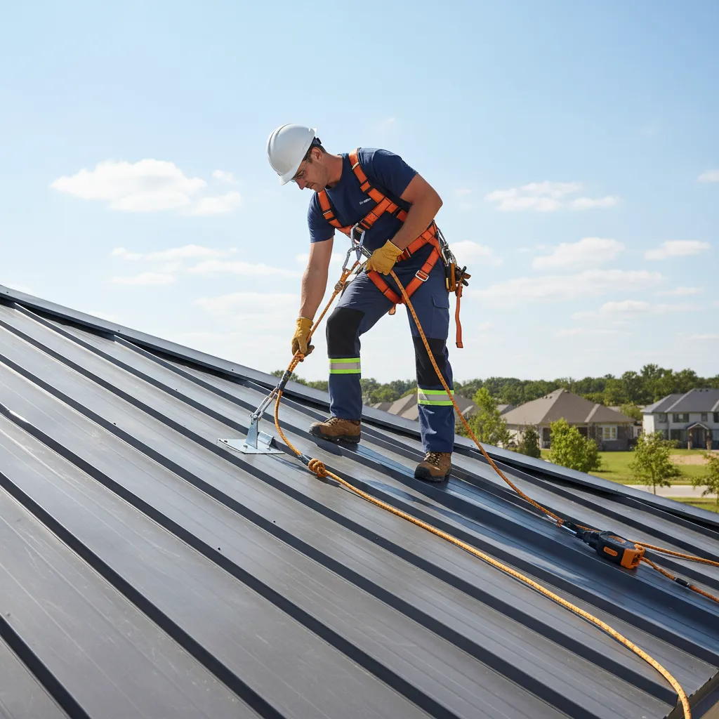 worker harness connected to roof anchor on metal roof