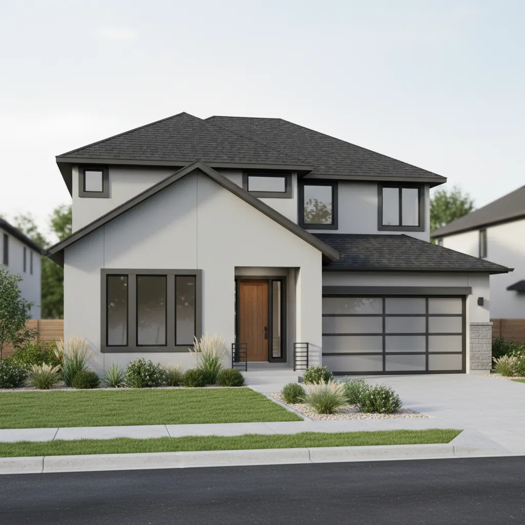 Modern two story house with gray walls dark roof wooden door glass garage and lawn