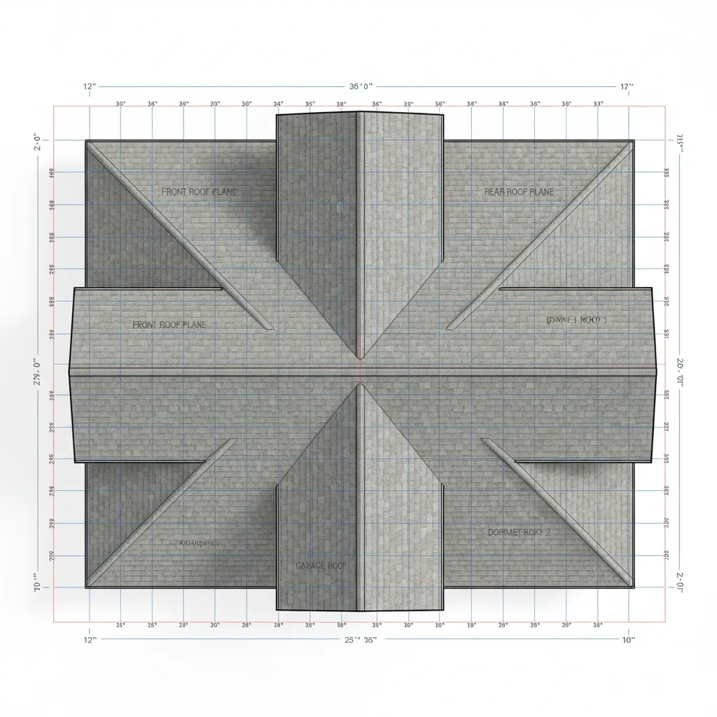 Diagram showing roof measurement sections and roofing squares calculation