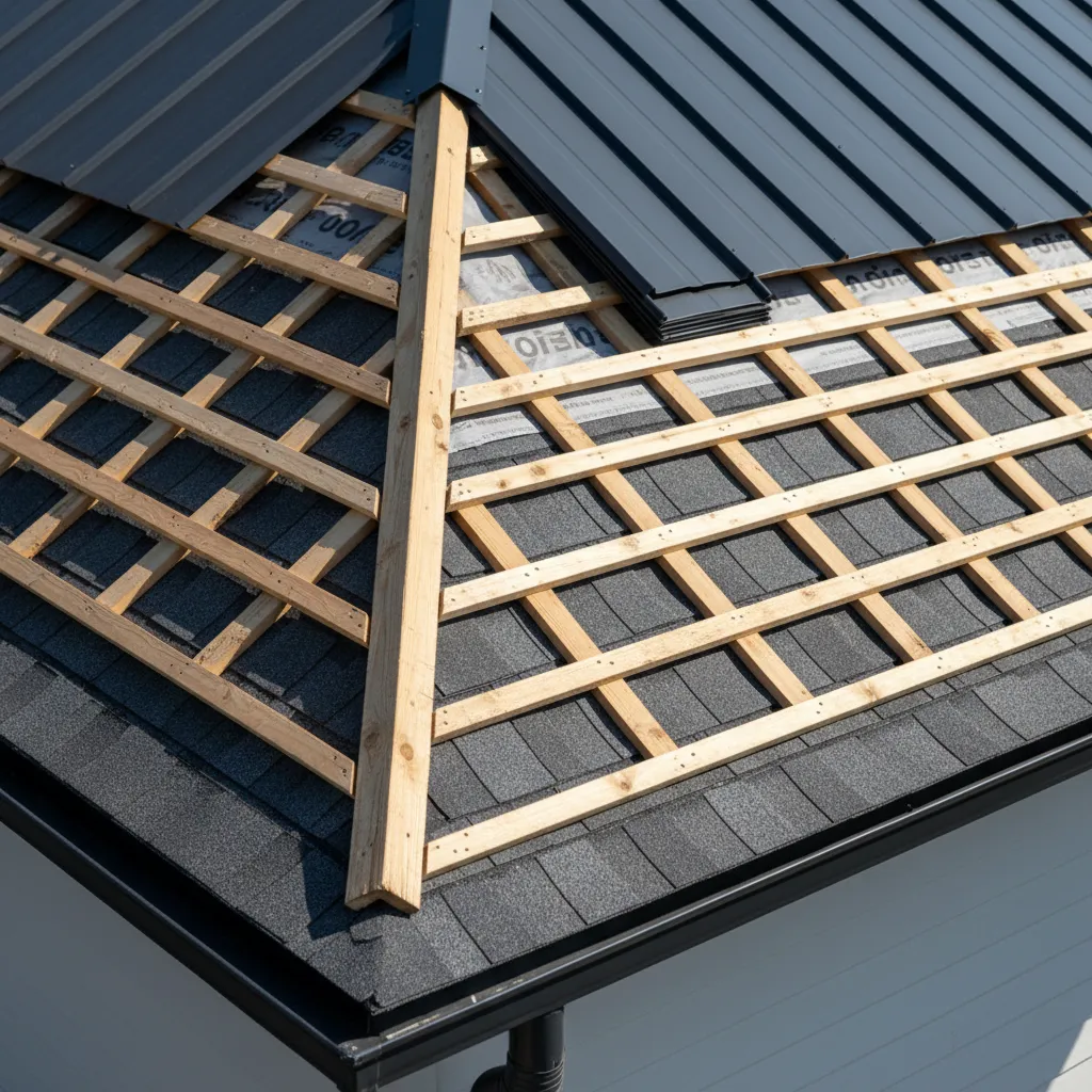 Wood battens installed over shingles creating ventilation gap for metal roofing