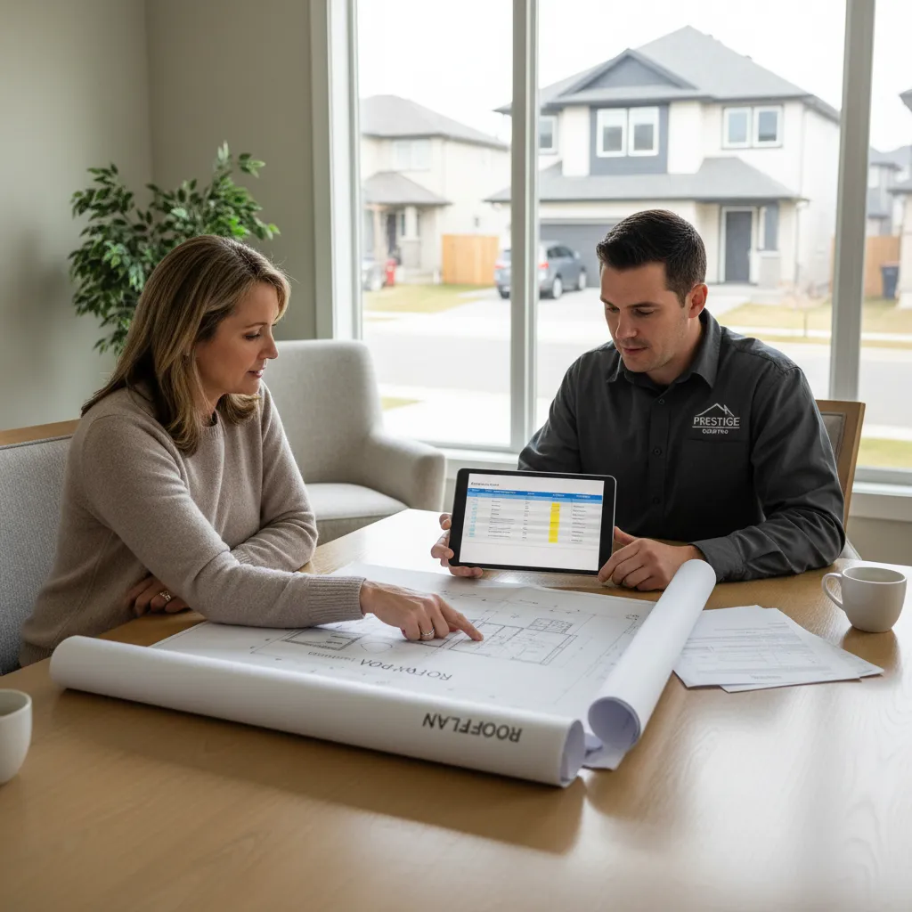 Homeowner reviewing roofing budget estimate with contractor and roof plan drawings