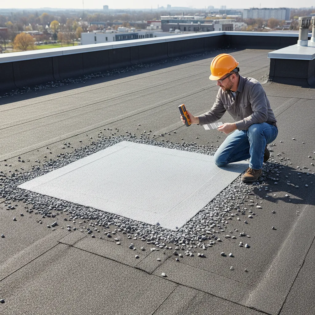 Test patch of roof coating color applied on roof surface