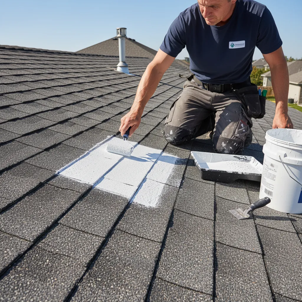 Small roof coating color test patch applied before full roof painting