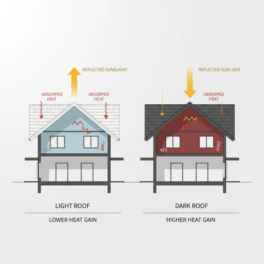 Diagram showing heat absorption difference between light and dark roofs