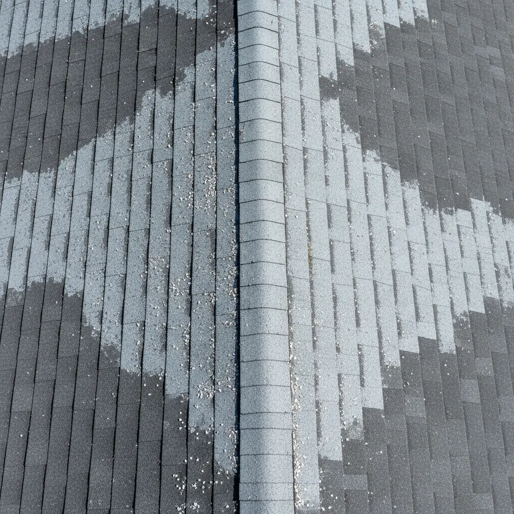 Roof coating showing faded and uneven color areas under sunlight