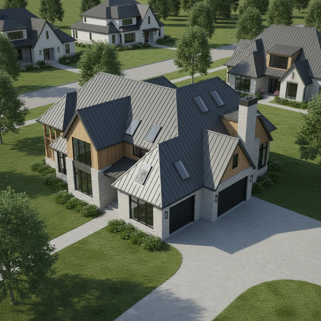 House roof with dormers and skylights illustrating complex roofing structure