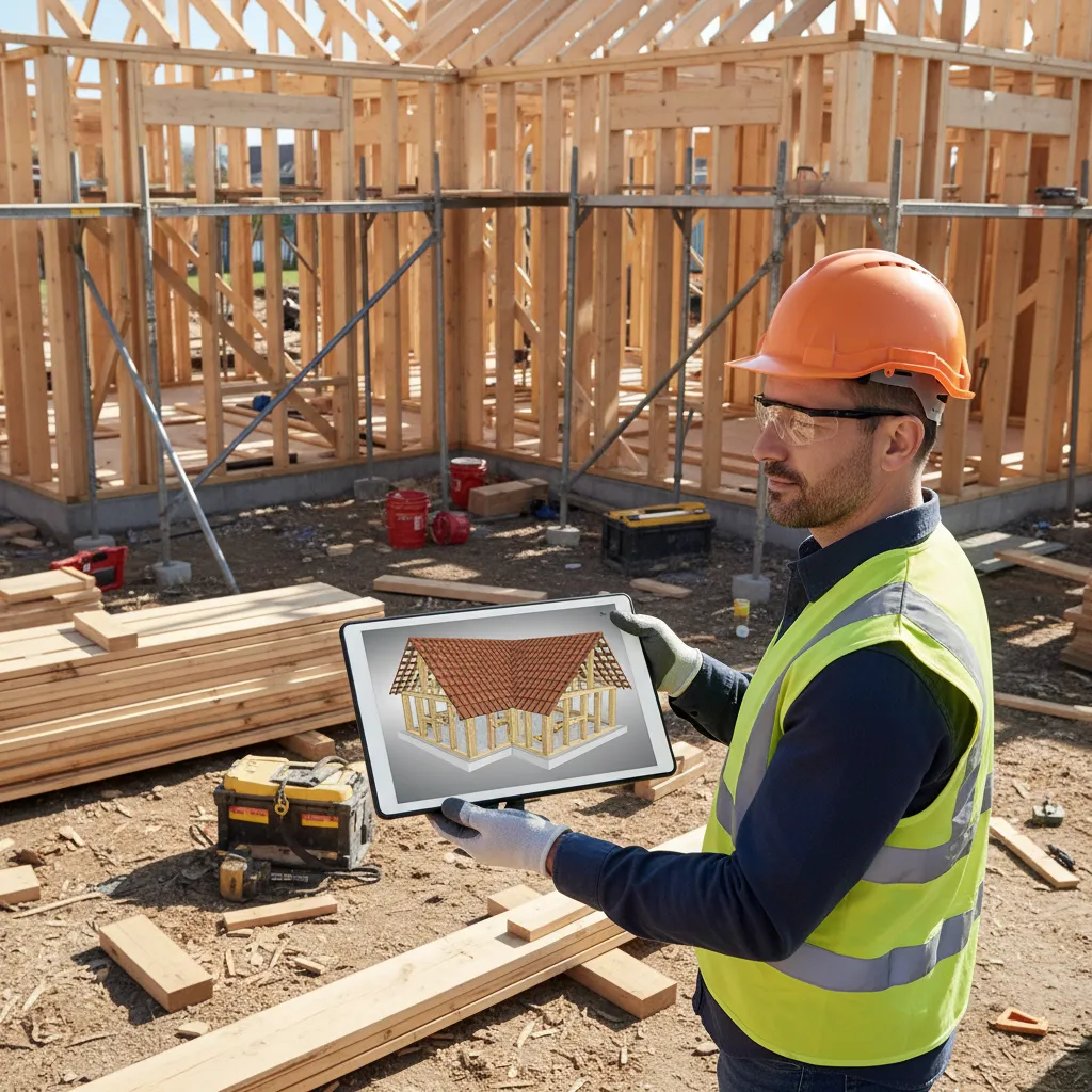 Construction worker holding a tablet showing a 3D house model at a wooden building site