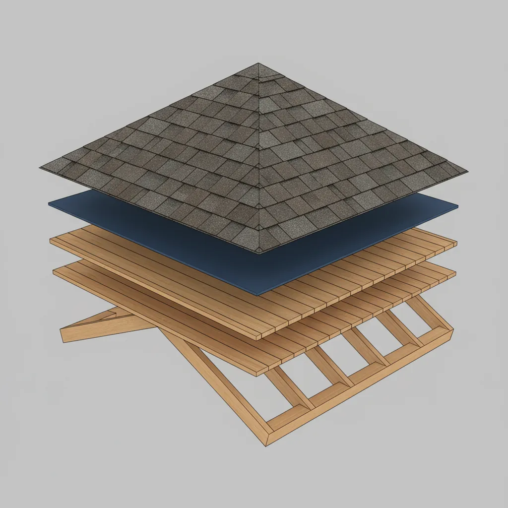 Residential roof structure showing shingles underlayment and decking layers