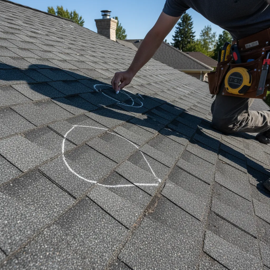 roof damage inspection showing marked repair zones