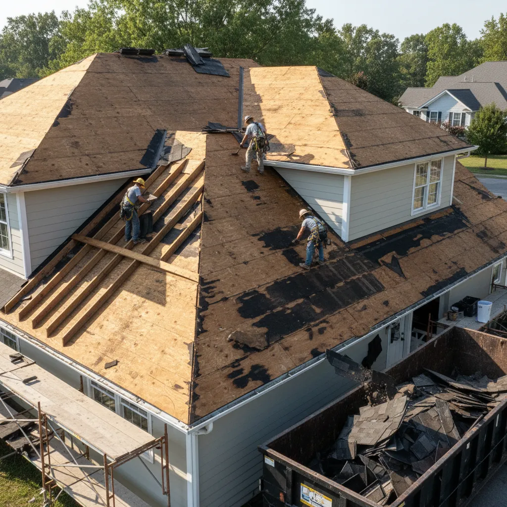 Exposed roof decking showing wood damage during roof replacement