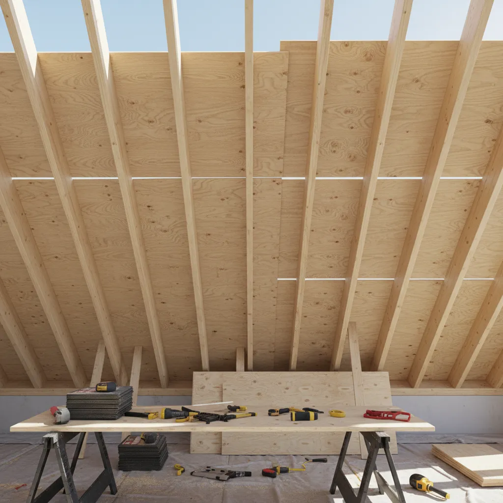 roof decking panels and rafters exposed during roofing work