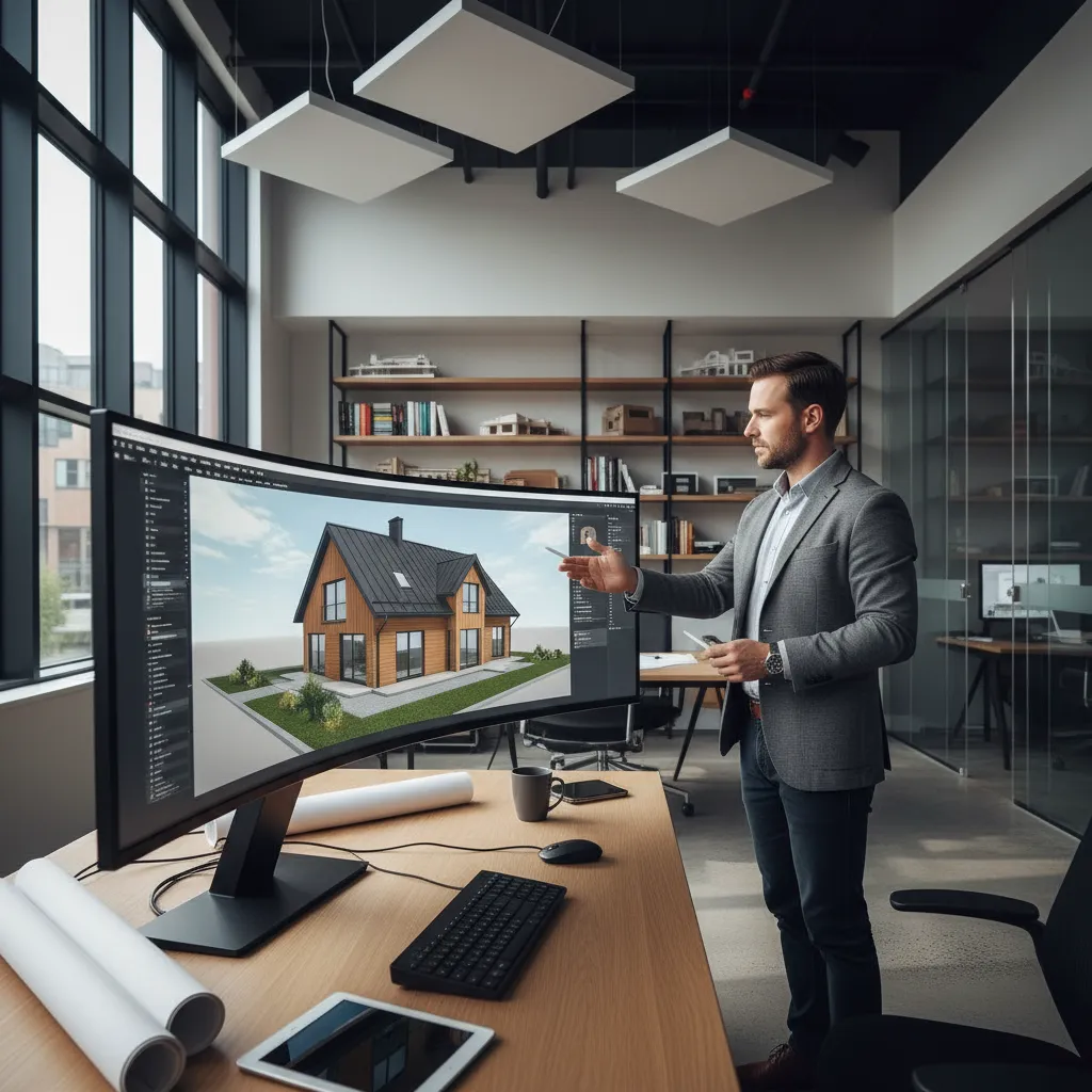 Designer showing a wooden house interior design drawing on a large curved monitor in office