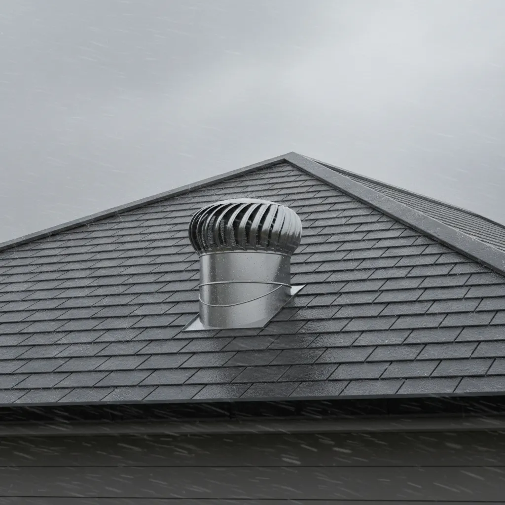 Roof exhaust vent exposed to wind and rain conditions on residential roof