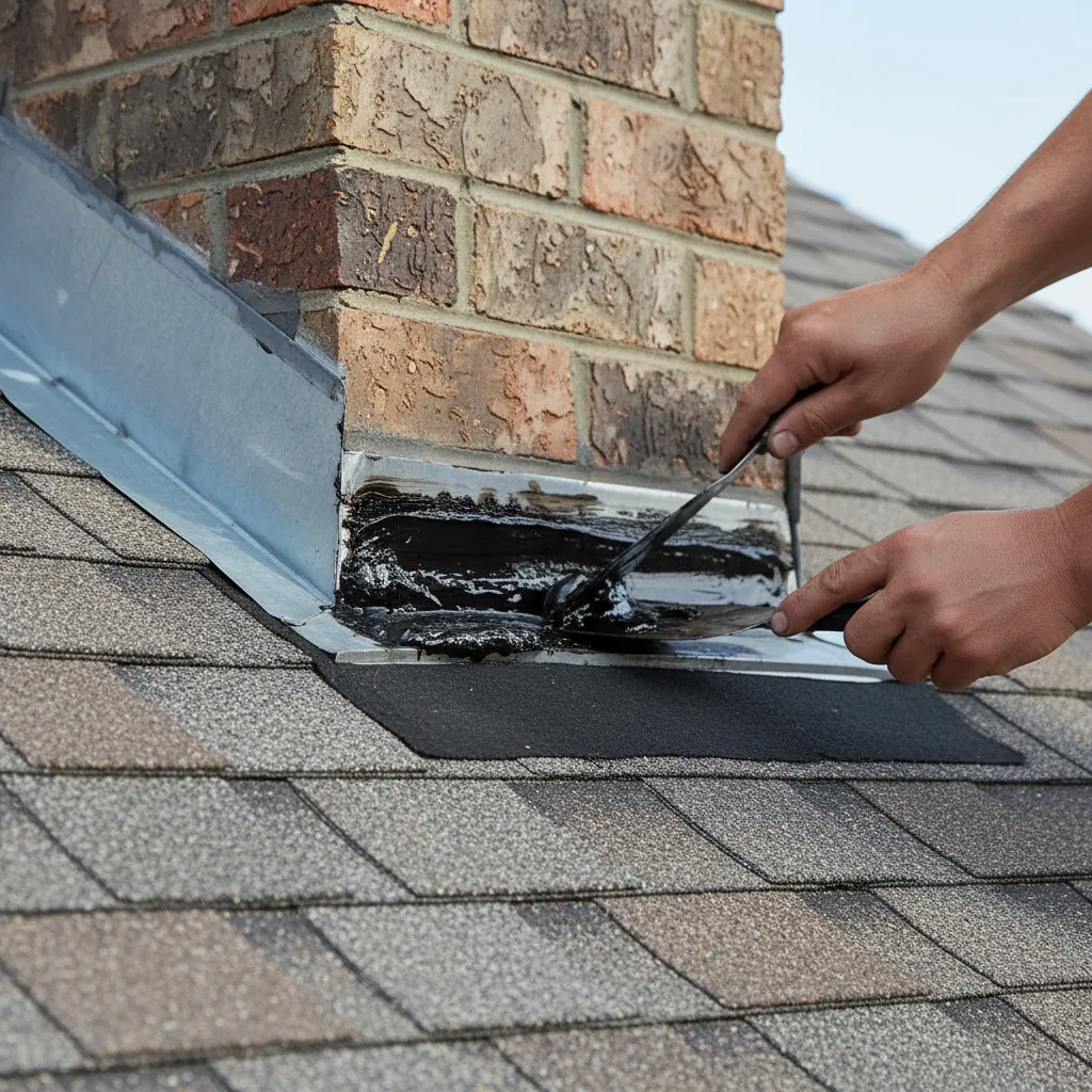Roof flashing around chimney sealed with roofing tar by contractor