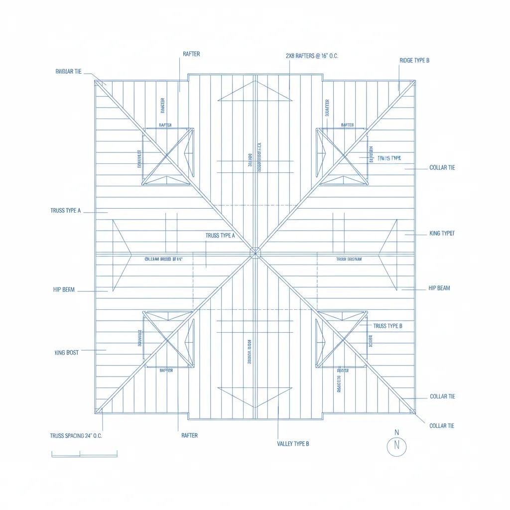 Roof framing plan showing rafters ridge beams and structural layout