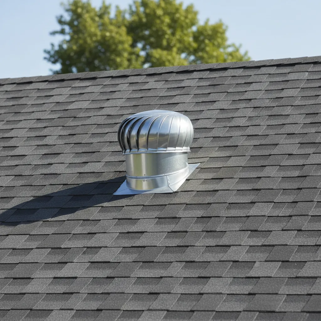 example of metal gooseneck roof vent installed on asphalt shingle roof